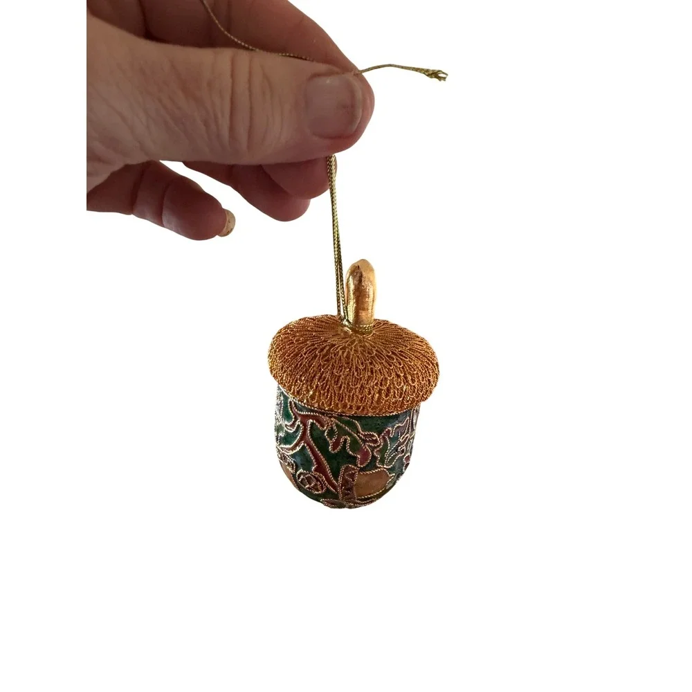 Value Arts Handmade Cloisonne Acorn Ornament Green Gold Oak Leaf Filigree Decor